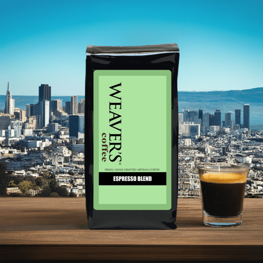 weaverscoffee.sbs Coffee bag and shot glass filled with Espresso Coffee.