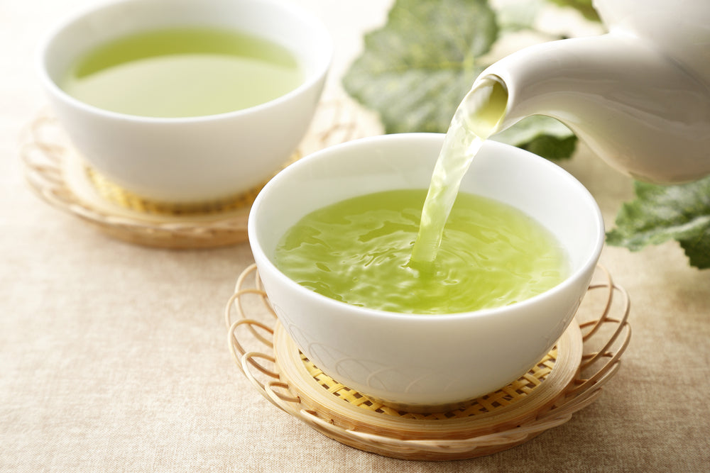 Two white cups of Japanese green tea.