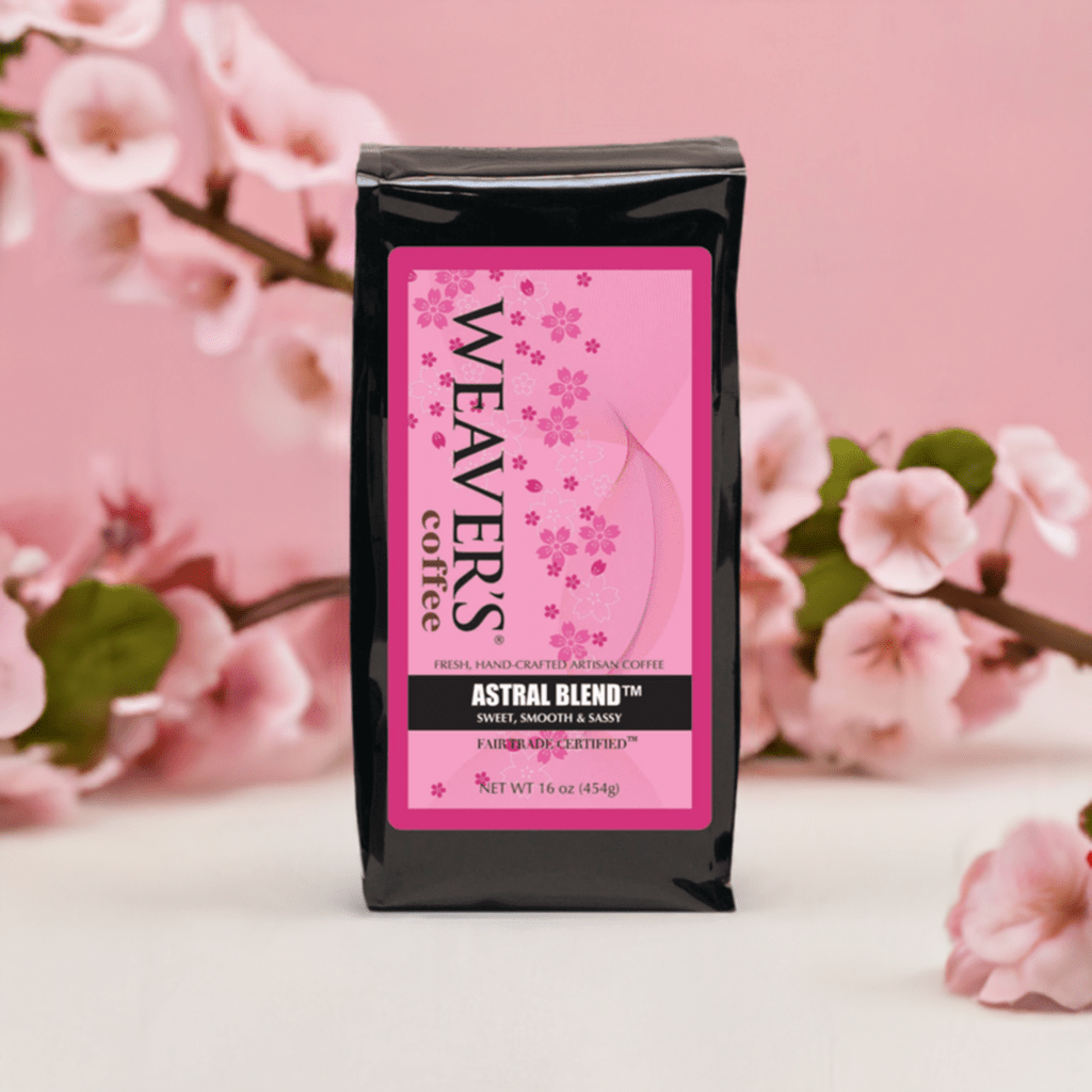 weaverscoffee.sbs Coffee bag of Astral Blend Coffee with pink label.