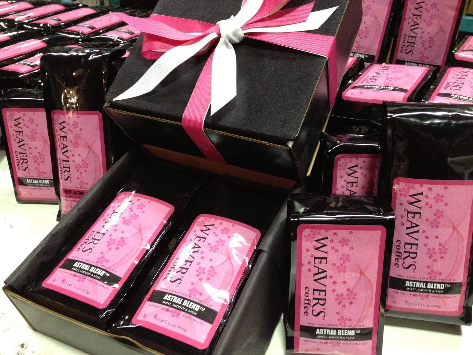 weaverscoffee.sbs Coffee bags of Astral Blend Coffee with a pink and white bow.