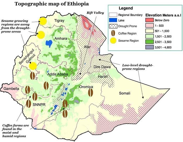 weaverscoffee.sbs Topographic Map of Ethiopia showing where they grow Ethiopian Coffee.